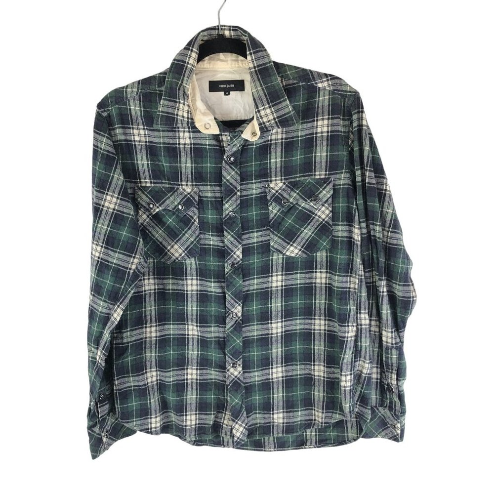 Comme Ca Ism Mens Flannel Shirt Snap Button Plaid Pockets Green M